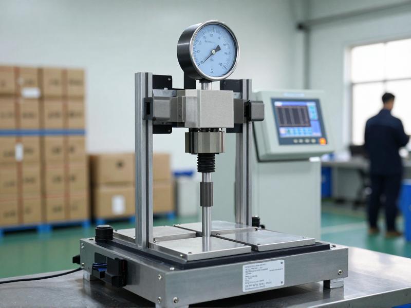 Hardness testing process showing plunger under pressure gauge